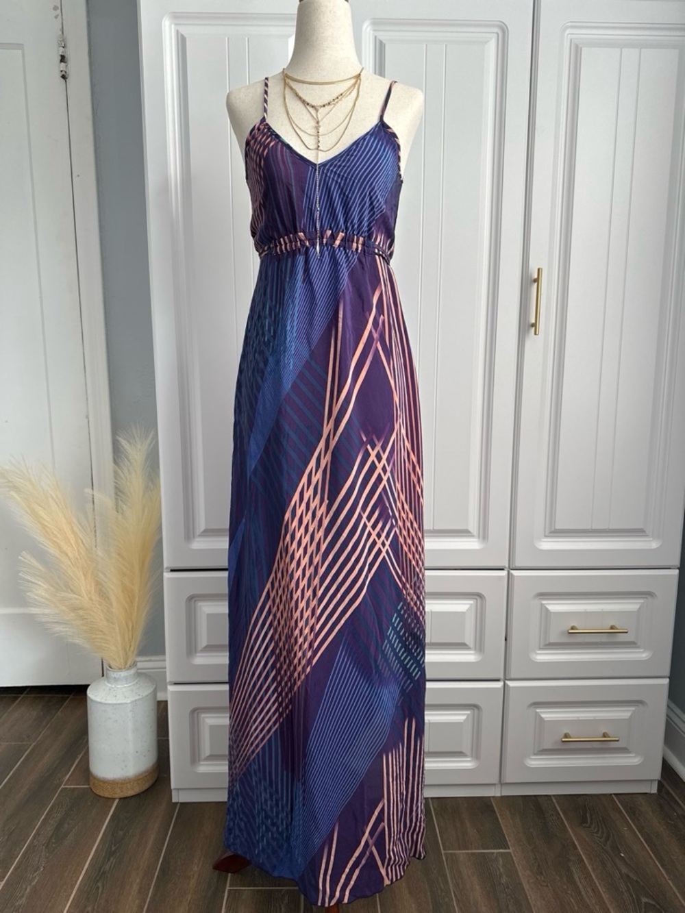 Anthropologie Navy and Pink Geometric Maxi Dress